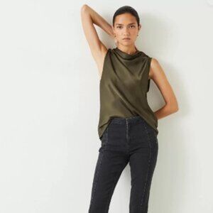 Theory Modern Cowl Neck Olive Silk Top size M